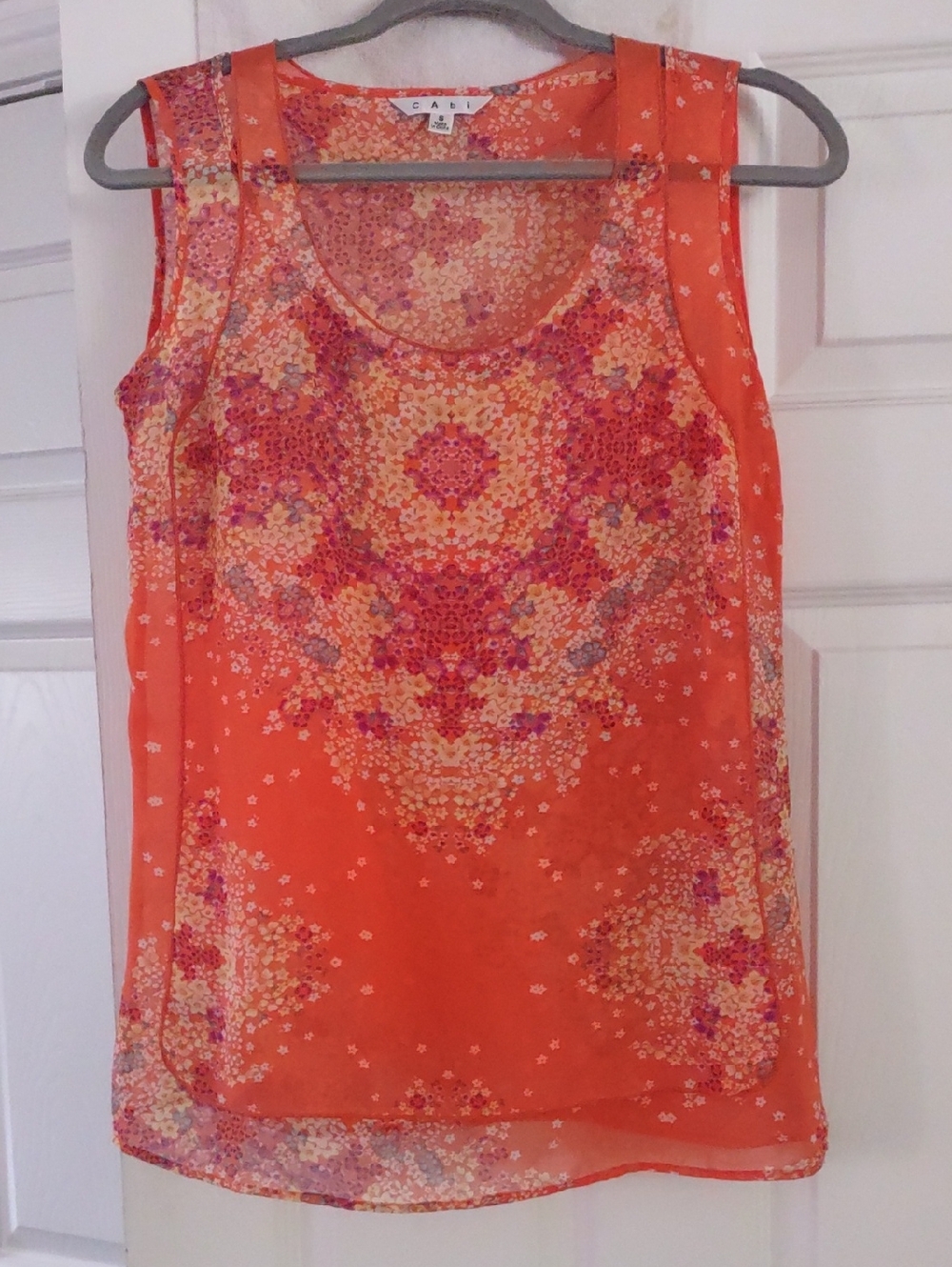 CAbi Orange Floral Sheer Sleeveless Camisole Size Small